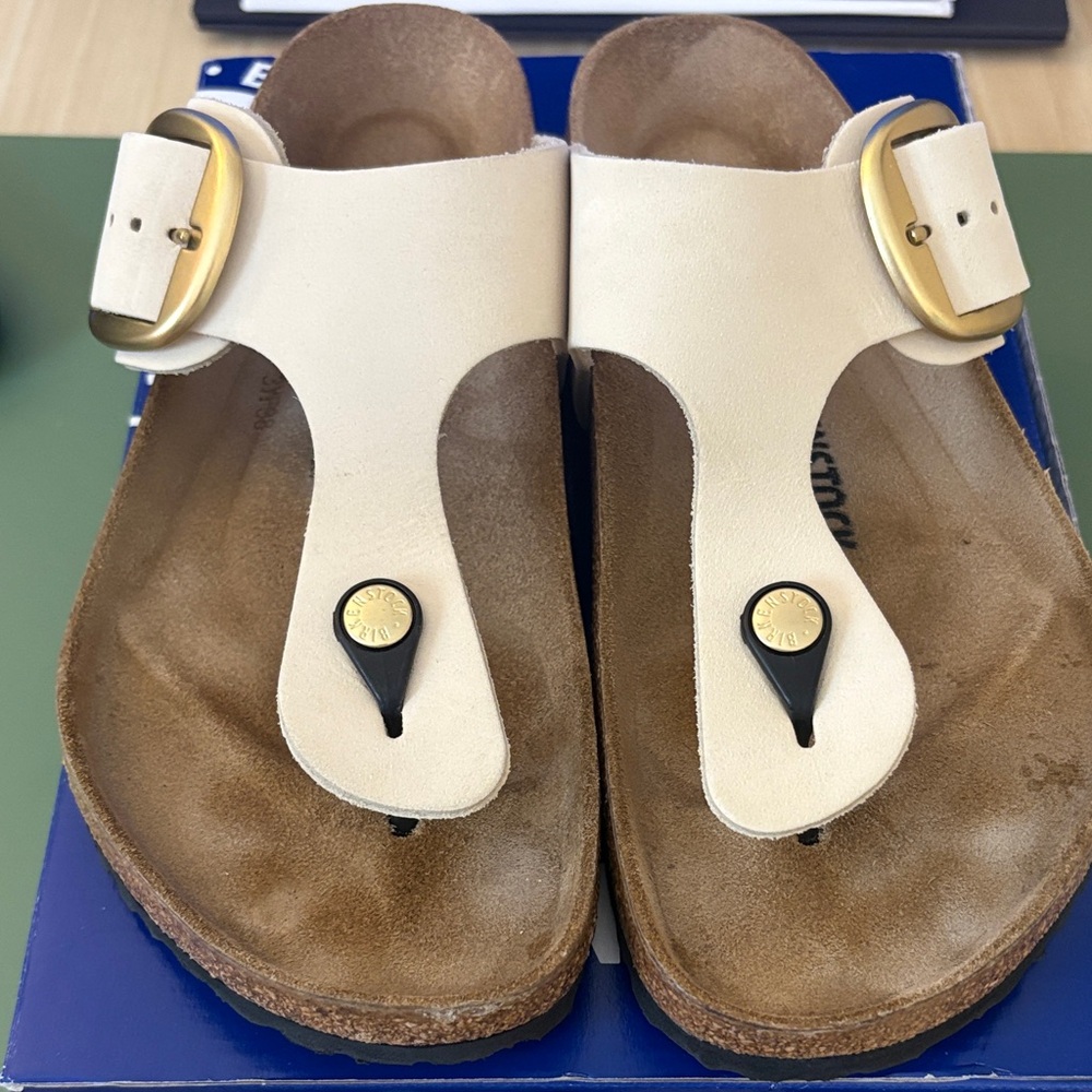 Birkenstock Gizeh Cream (Ecru) Sandals with Big Gold Buckle